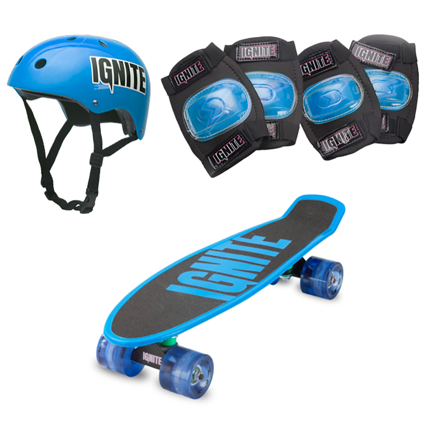 Skateboard med lysende hjul, skaterhjelm og beskyttelsesudstyr